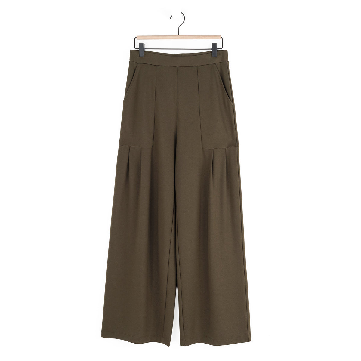 Clara Sunwoo Recommended - Rayon-Ponte Knit - Pleated Wide Leg Pocket Pant - Olive - Limited Sizes