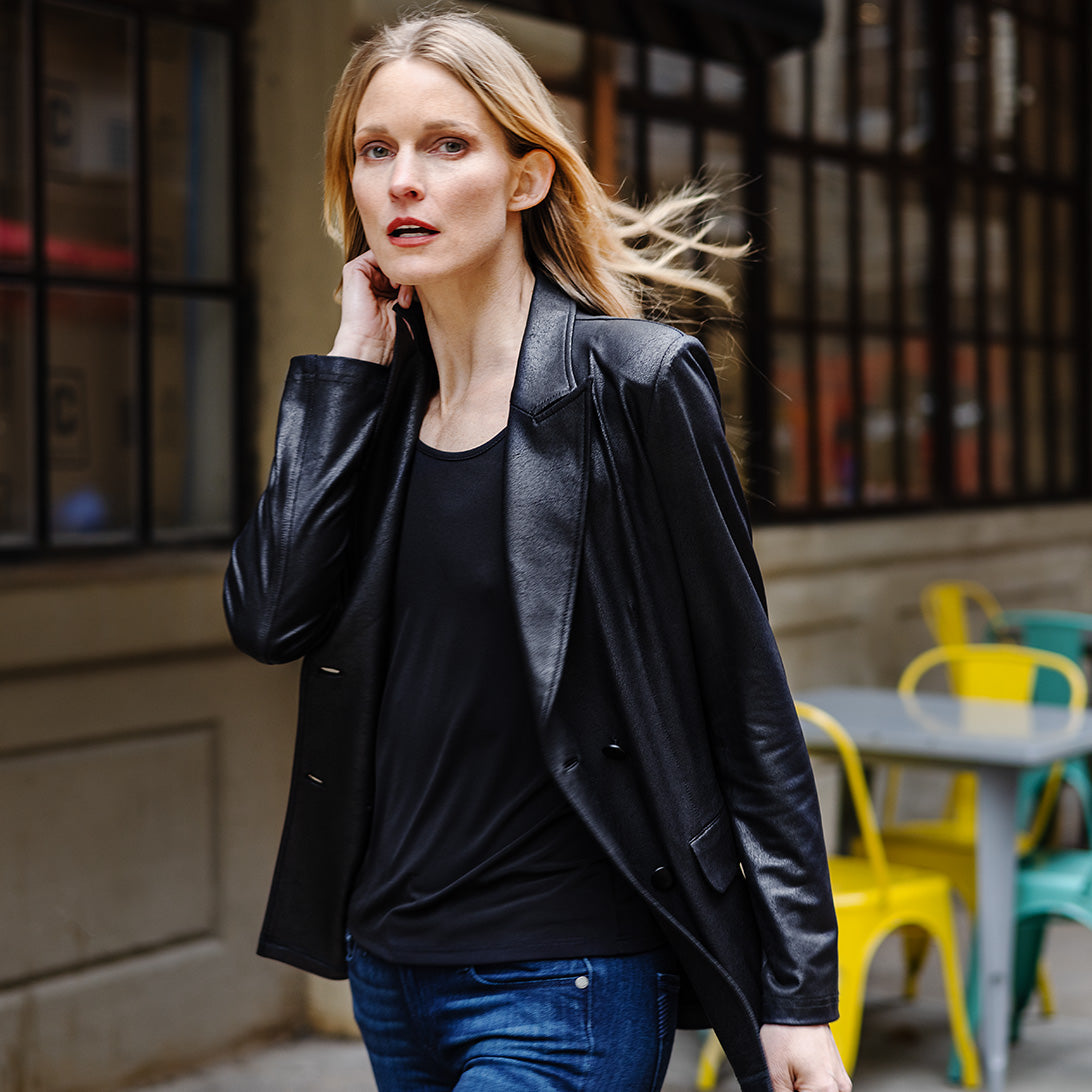 Clara Sunwoo Top Pick - Liquid Leather™ Double Breasted Blazer - Black - Final Sale