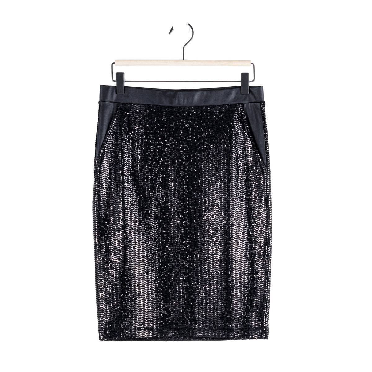 Clara Sunwoo Top Pick - Sequin Knit - Liquid Leather™ Trim Pencil Skirt - Black - Final Sale
