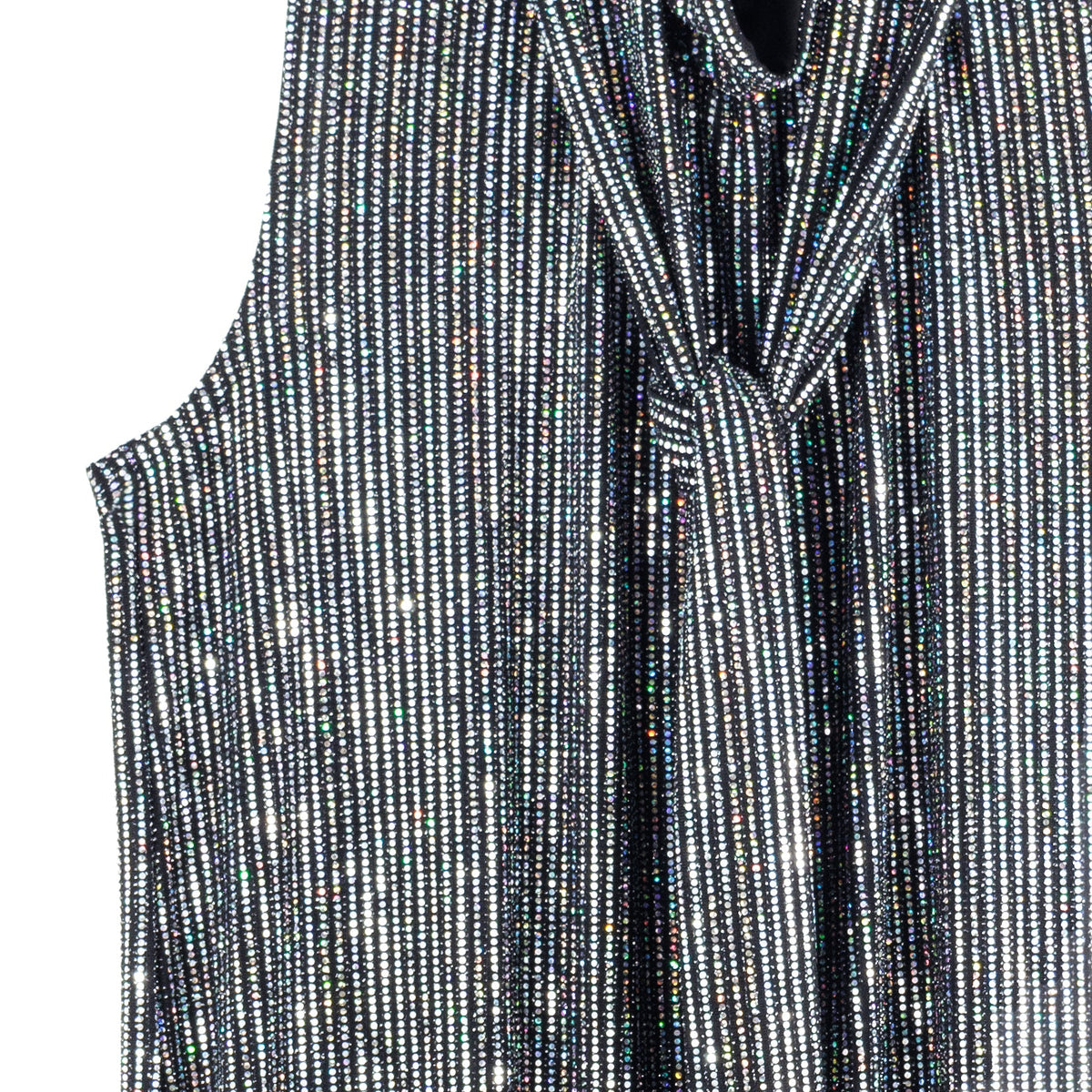 Clara Sunwoo Featured - Shimmer Sequin - Mock Neck-Tie Detail Top - Silver Pinstripe - Final Sale