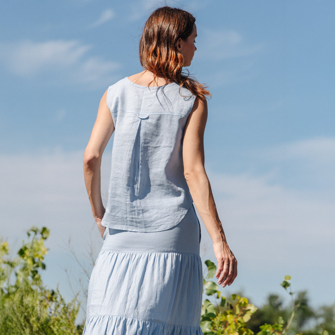 Clara Sunwoo Essential - Soft Cotton - Back Pleat Henley Tank - Powder Blue - Final Sale