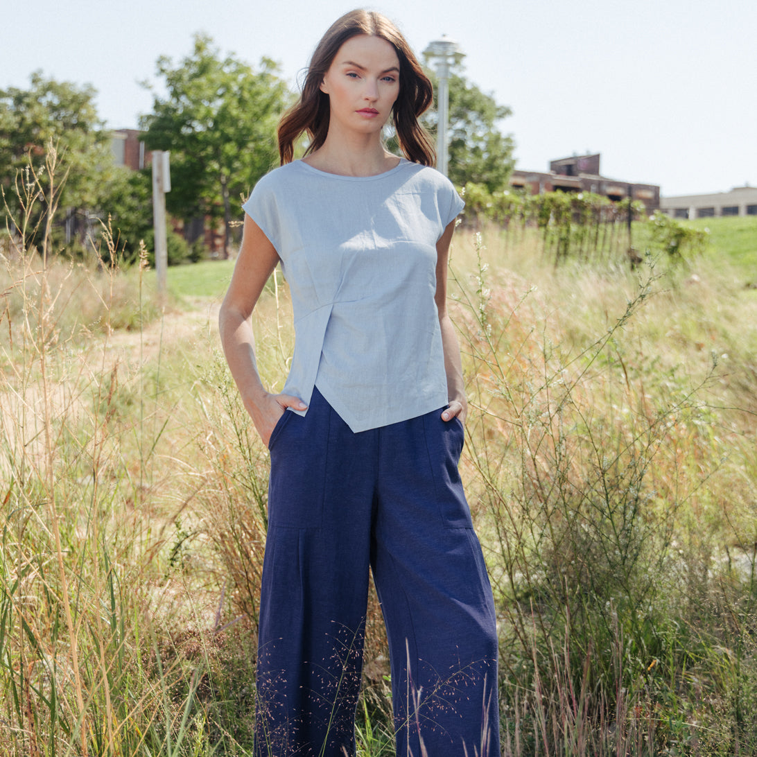 Clara Sunwoo Special Offer - Soft Cotton - Cap Sleeve Stitch Overlay Top - Powder Blue