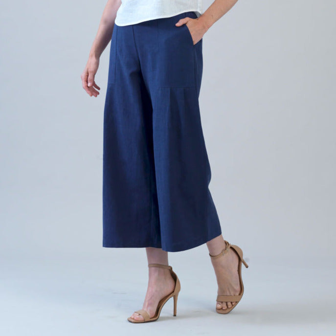 Clara Sunwoo Latest - Soft Cotton - Pleated Wide Leg Ankle Pant - Navy - Final Sale
