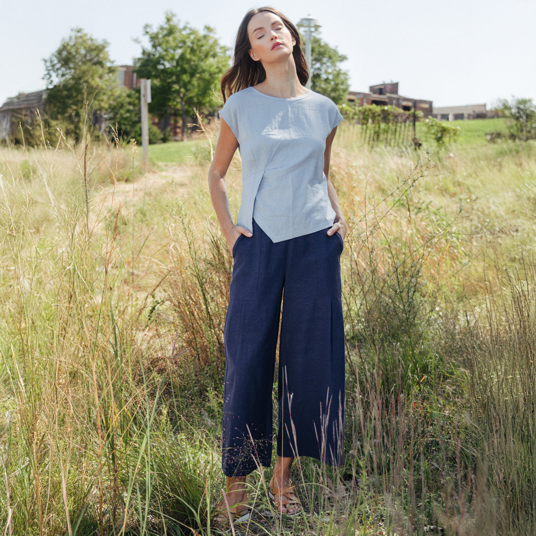 Clara Sunwoo Latest - Soft Cotton - Pleated Wide Leg Ankle Pant - Navy - Final Sale