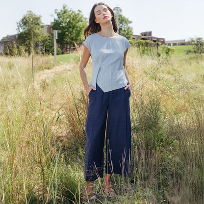 Clara Sunwoo Latest - Soft Cotton - Pleated Wide Leg Ankle Pant - Navy - Final Sale