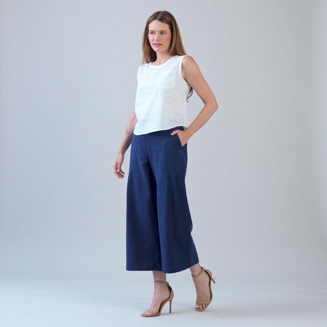 Clara Sunwoo Latest - Soft Cotton - Pleated Wide Leg Ankle Pant - Navy - Final Sale