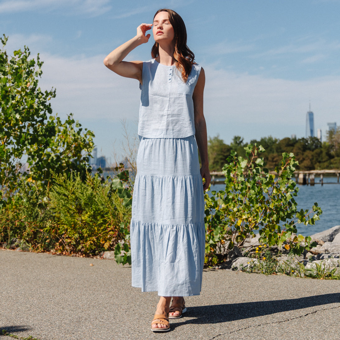 Clara Sunwoo Best Price - Soft Cotton - Double Tiered Maxi Skirt - Powder Blue - Final Sale