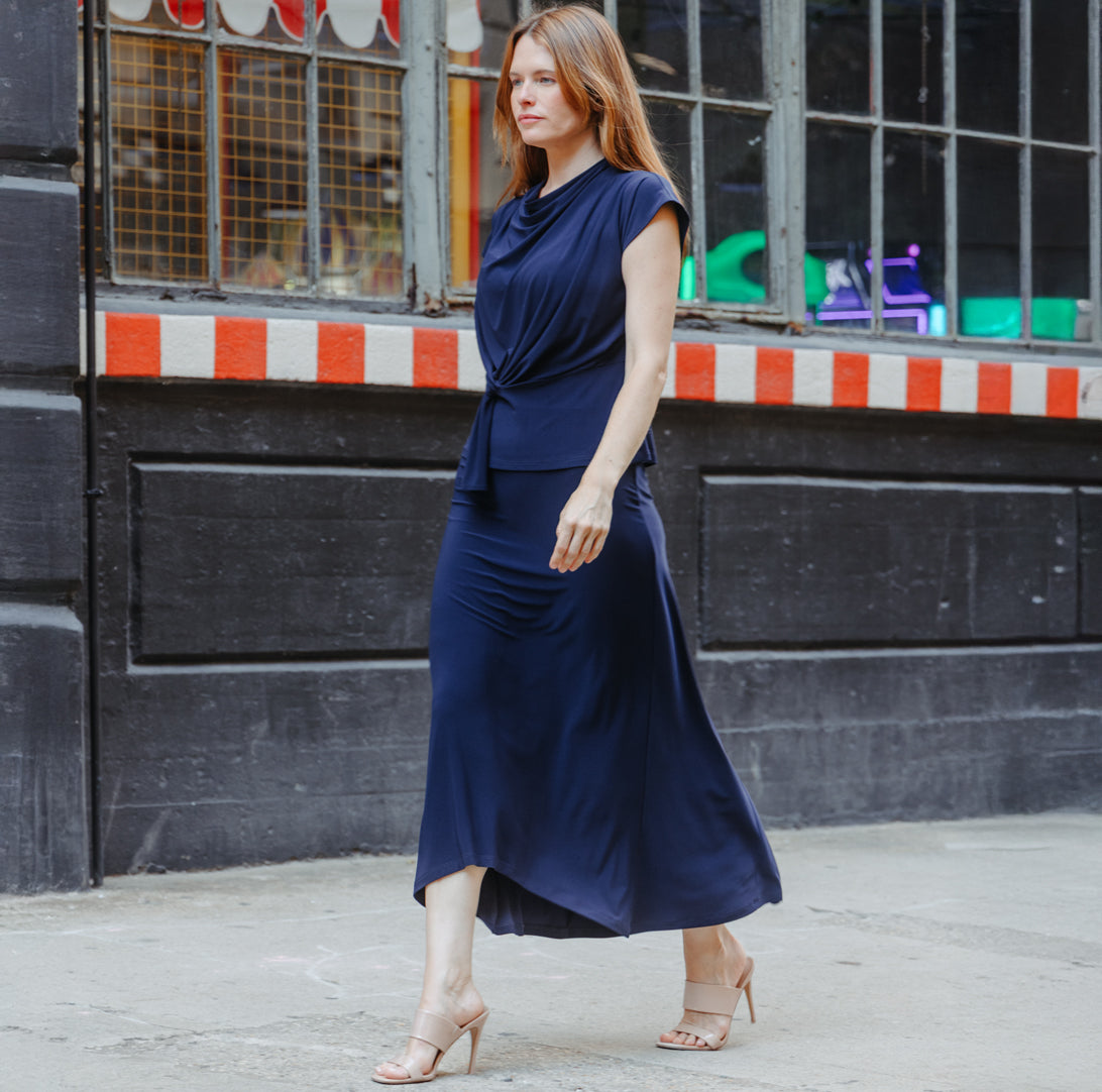 Clara Sunwoo Recommended - Cascade Drape Hi-Low Maxi Skirt - Navy