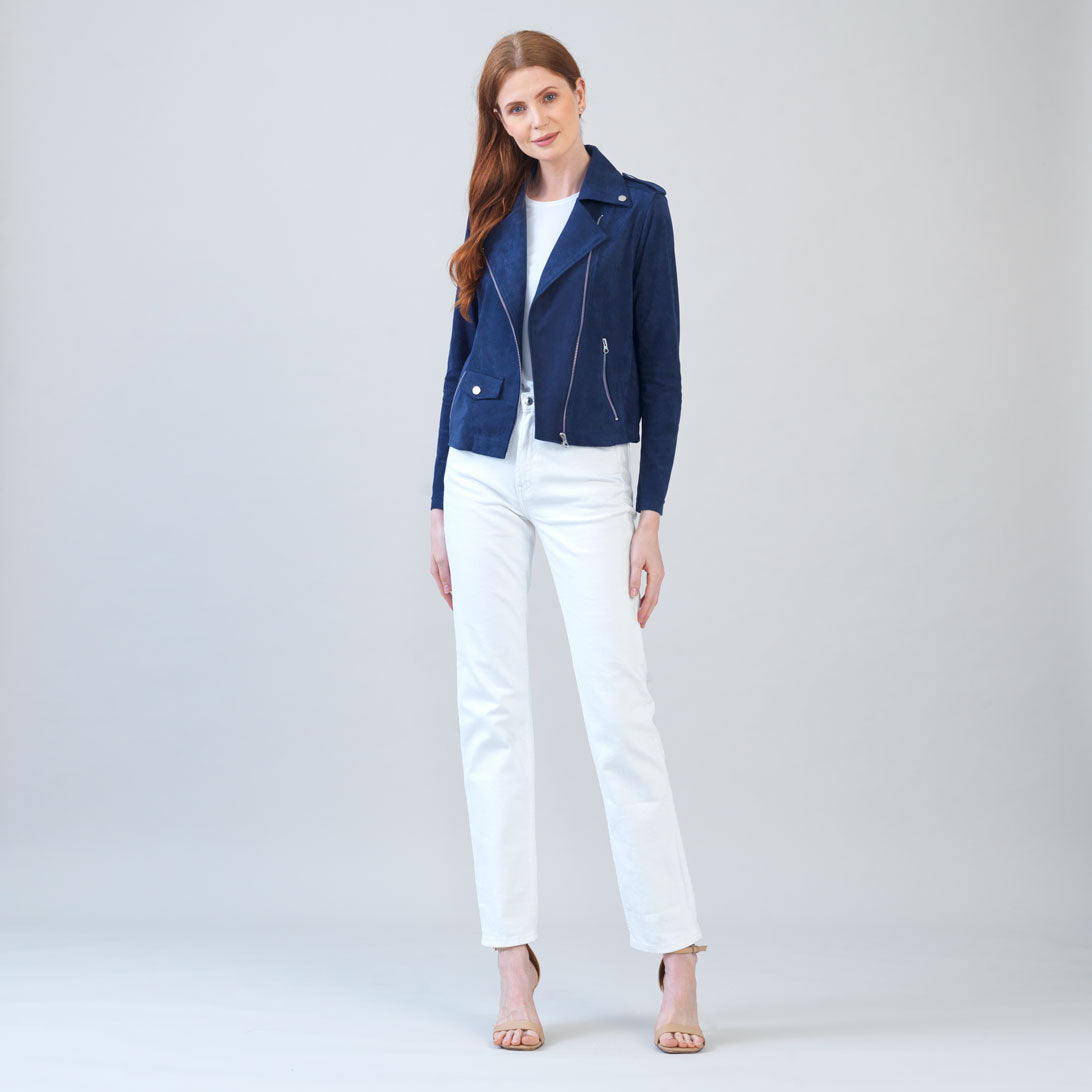 Clara Sunwoo Exclusive - Soft Suede - Architectural Moto Jacket - Navy
