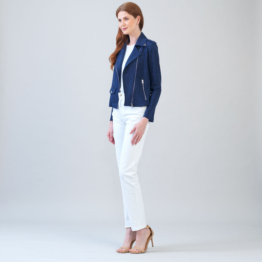 Clara Sunwoo Exclusive - Soft Suede - Architectural Moto Jacket - Navy