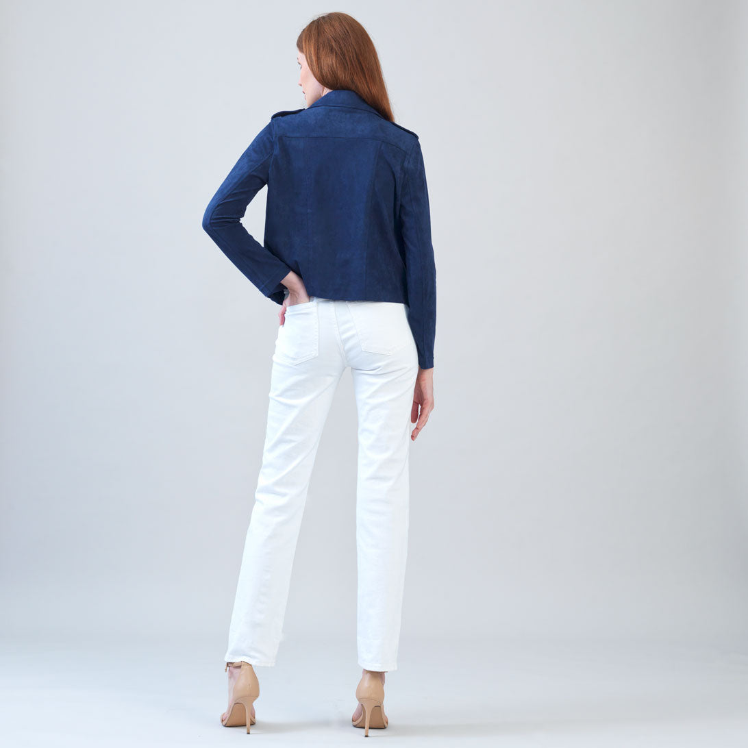 Clara Sunwoo Exclusive - Soft Suede - Architectural Moto Jacket - Navy