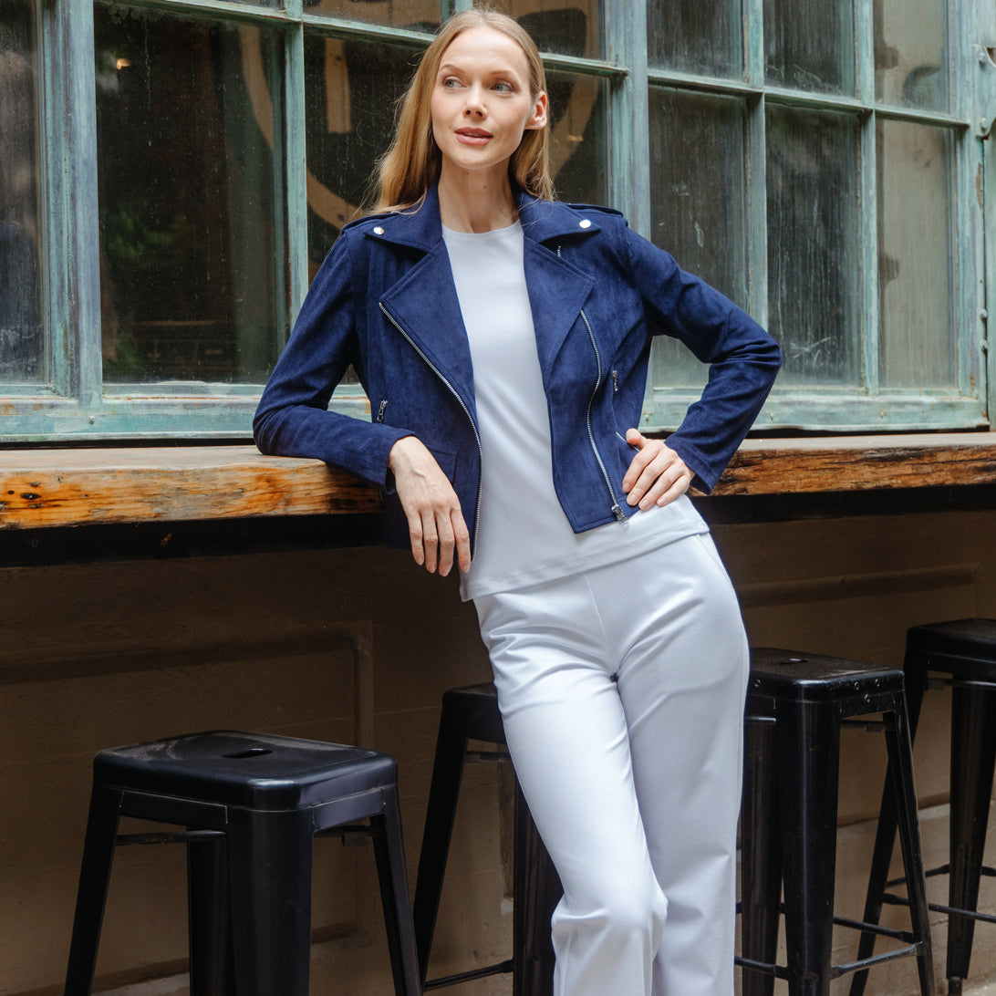 Clara Sunwoo Exclusive - Soft Suede - Architectural Moto Jacket - Navy