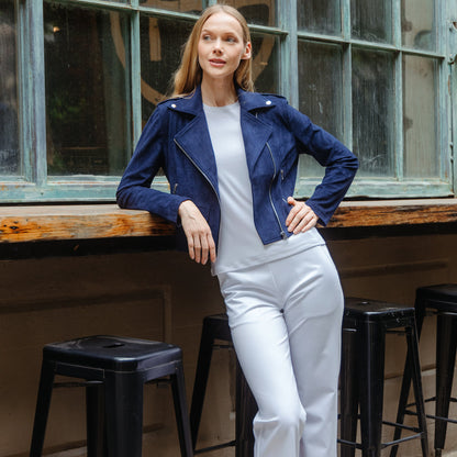 Clara Sunwoo Exclusive - Soft Suede - Architectural Moto Jacket - Navy