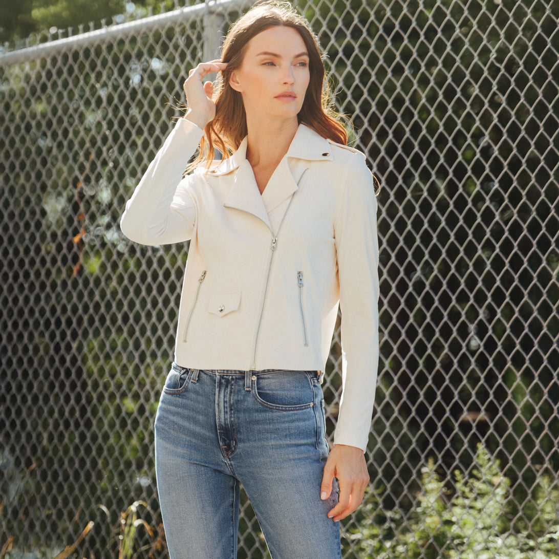 Clara Sunwoo Recommended - Soft Suede - Architectural Moto Jacket - Cream - Final Sale
