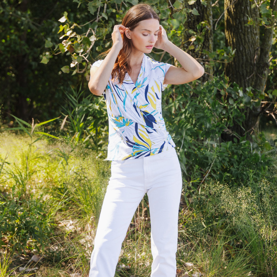 Clara Sunwoo Popular - Cap Sleeve Surplice Crossover Top - Floral Leaves-White - Final Sale