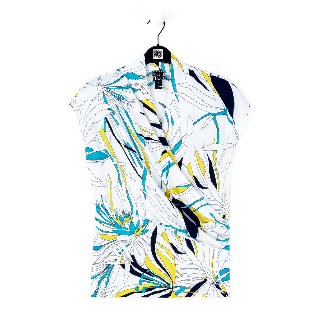 Clara Sunwoo Popular - Cap Sleeve Surplice Crossover Top - Floral Leaves-White - Final Sale