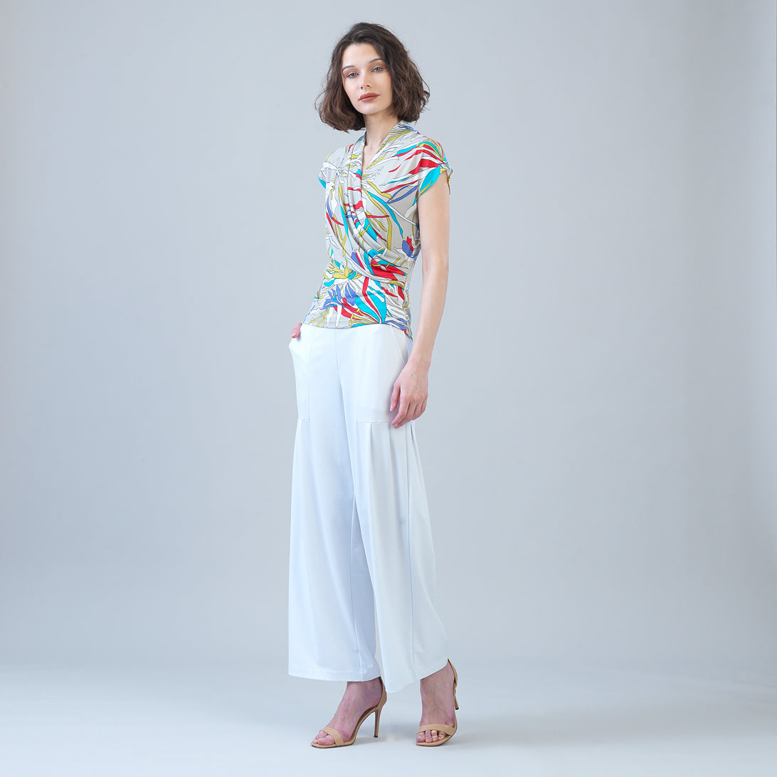 Clara Sunwoo Recommended - Cap Sleeve Surplice Crossover Top - Floral Leaves-Beige - Final Sale