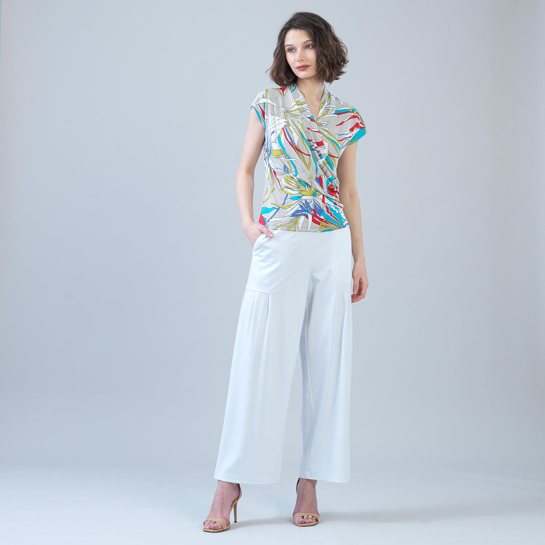 Clara Sunwoo Recommended - Cap Sleeve Surplice Crossover Top - Floral Leaves-Beige - Final Sale