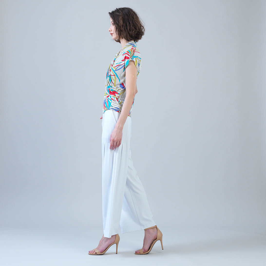 Clara Sunwoo Recommended - Cap Sleeve Surplice Crossover Top - Floral Leaves-Beige - Final Sale