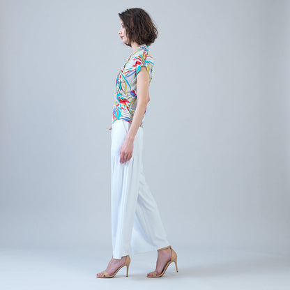 Clara Sunwoo Recommended - Cap Sleeve Surplice Crossover Top - Floral Leaves-Beige - Final Sale