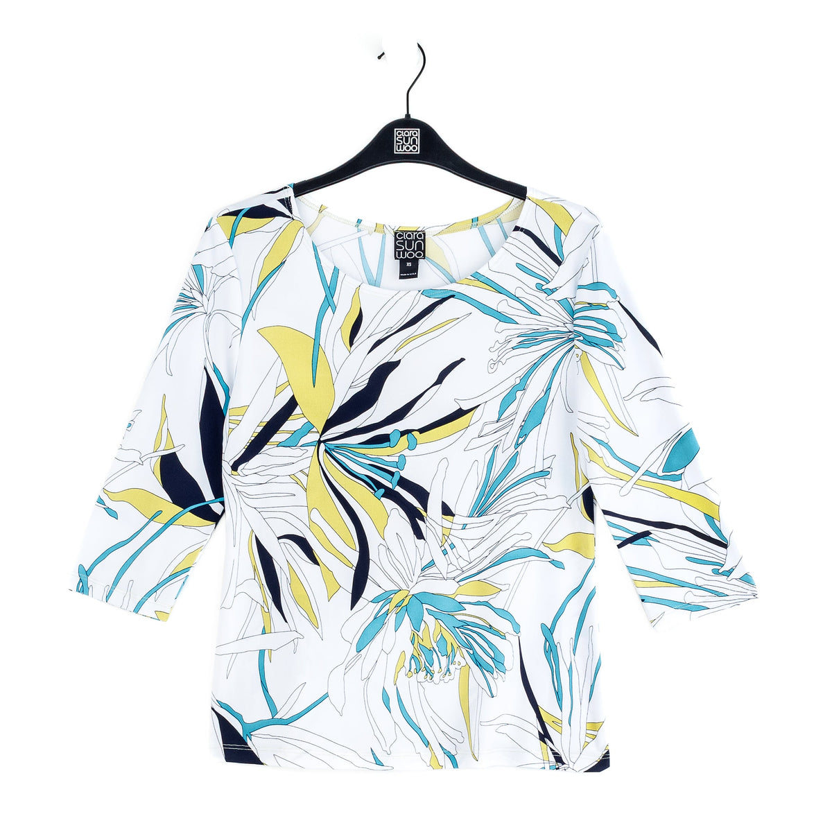 Clara Sunwoo Featured - Scoop Neck Half Sleeve Top - Floral Leaves-White - Final Sale