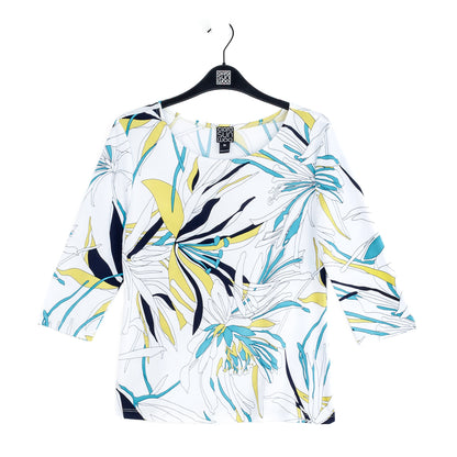 Clara Sunwoo Featured - Scoop Neck Half Sleeve Top - Floral Leaves-White - Final Sale