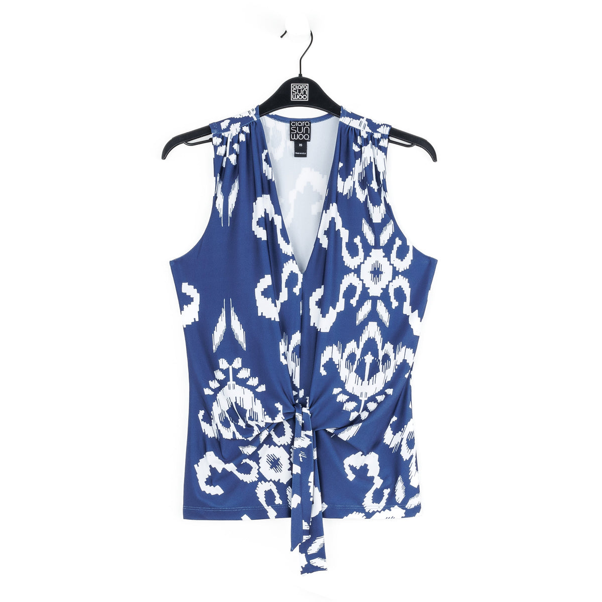 Clara Sunwoo Featured - Butter Knit - Sleeveless V-Neck Center Front Tie Top - Tile Motif - Limited Sizes