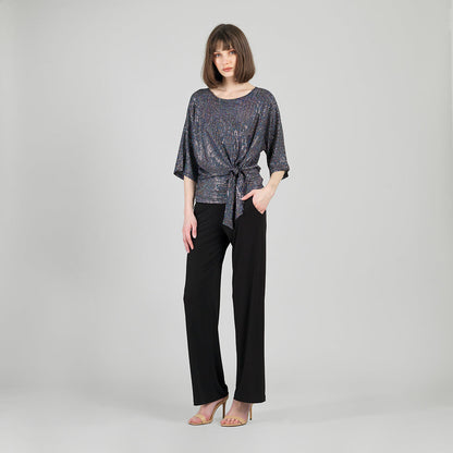 Clara Sunwoo Everyday - Shimmer Sequin - Side Tie Top - Silver Pinstripe