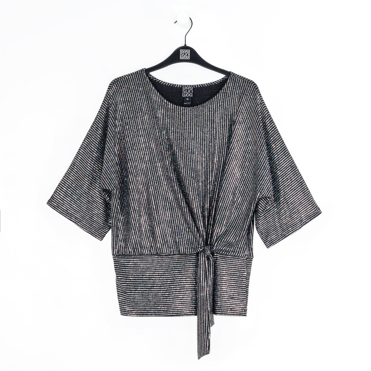 Clara Sunwoo Everyday - Shimmer Sequin - Side Tie Top - Silver Pinstripe