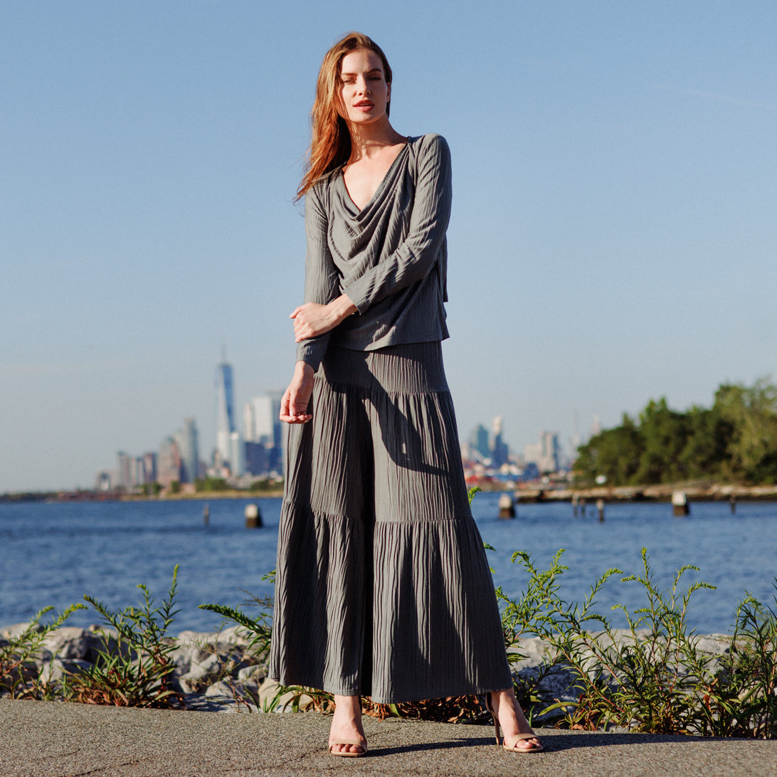 Clara Sunwoo Premium - Soft Pleat Knit - 2pc Cardigan & Cowl Tank Twinset - Olive - Final Sale