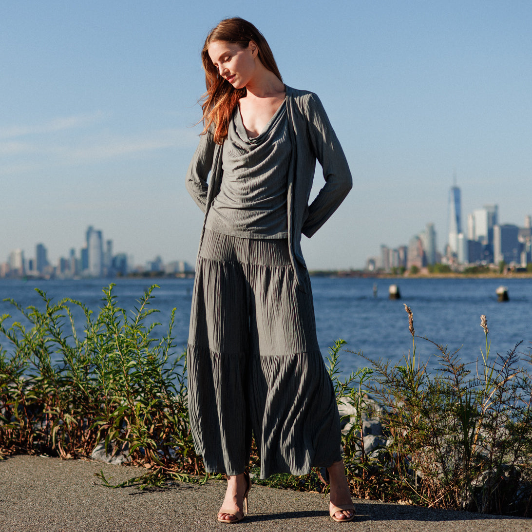 Clara Sunwoo Premium - Soft Pleat Knit - 2pc Cardigan & Cowl Tank Twinset - Olive - Final Sale