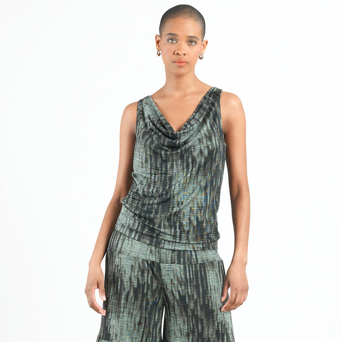 Clara Sunwoo Exclusive - Crinkle Pleat Knit - 2pc Cardigan & Cowl Tank Twinset - Water Ripple-Olive - Final Sale!