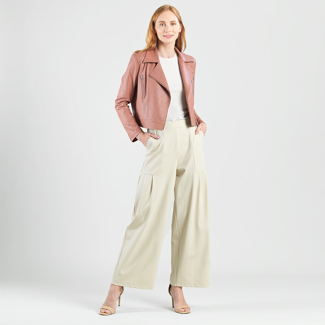 Clara Sunwoo Latest - Rayon-Ponte Knit - Pleated Wide Leg Pocket Pant - Khaki
