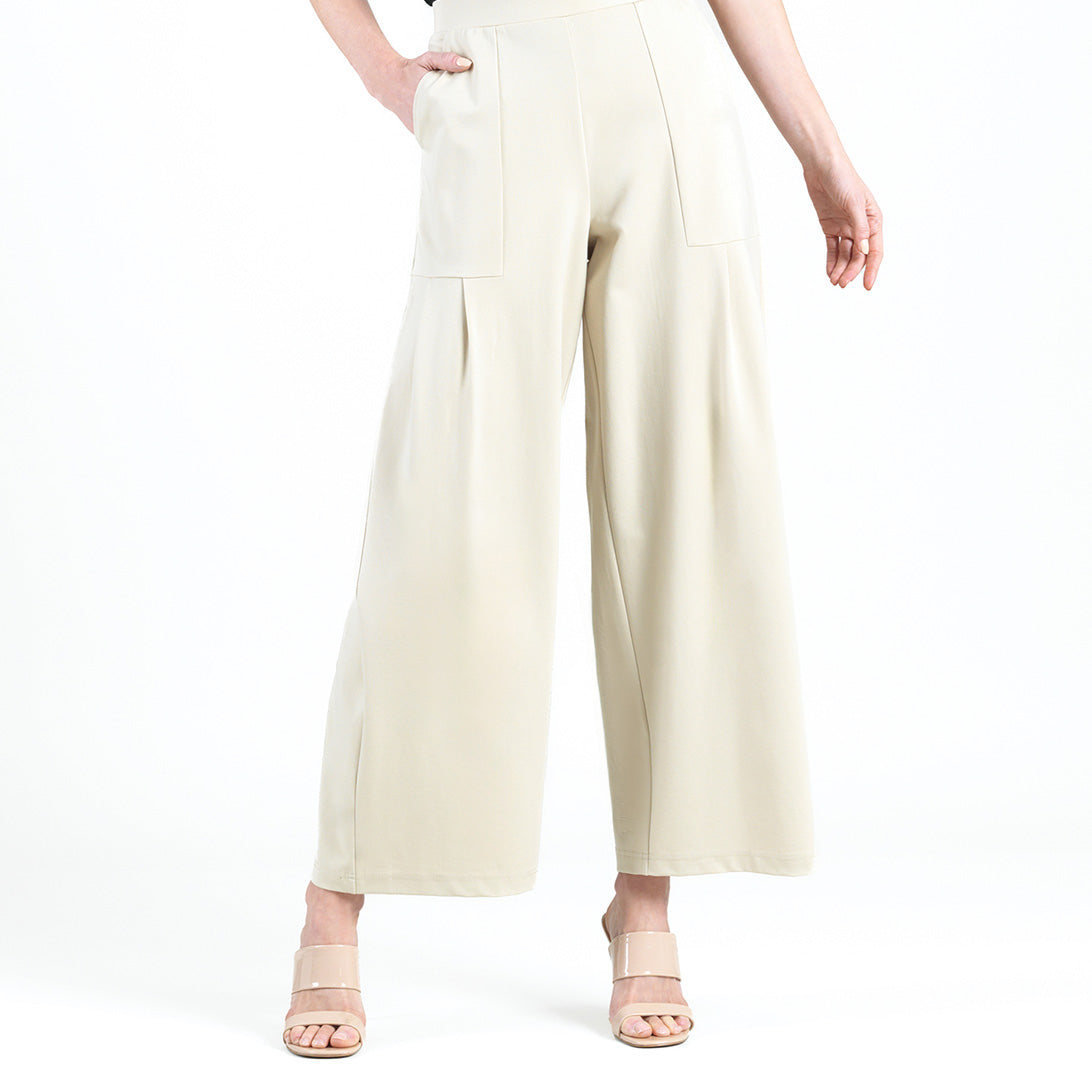 Clara Sunwoo Latest - Rayon-Ponte Knit - Pleated Wide Leg Pocket Pant - Khaki