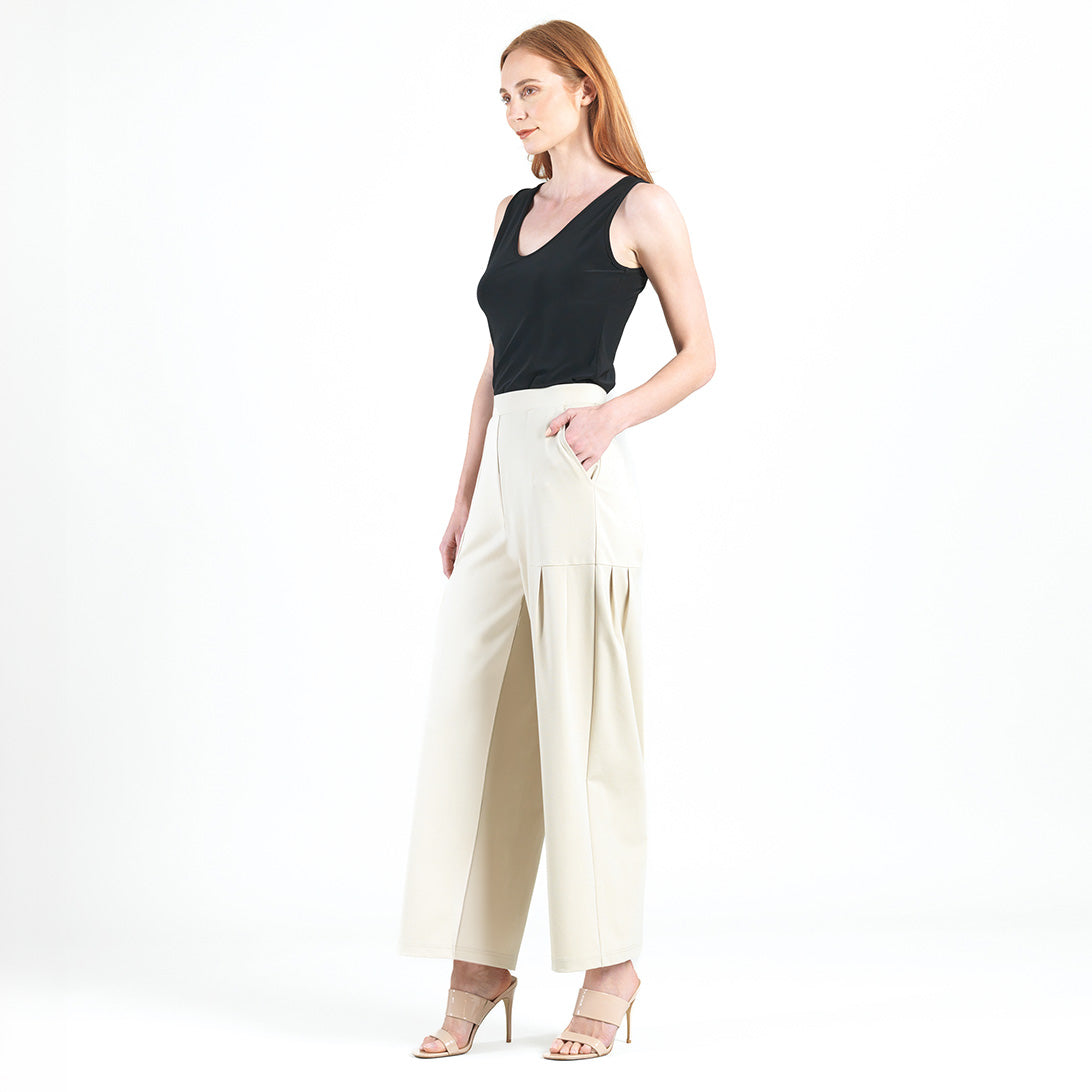 Clara Sunwoo Latest - Rayon-Ponte Knit - Pleated Wide Leg Pocket Pant - Khaki
