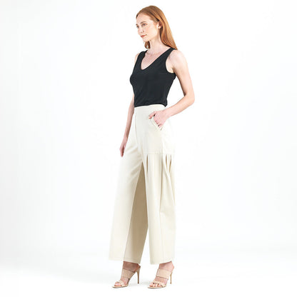 Clara Sunwoo Latest - Rayon-Ponte Knit - Pleated Wide Leg Pocket Pant - Khaki