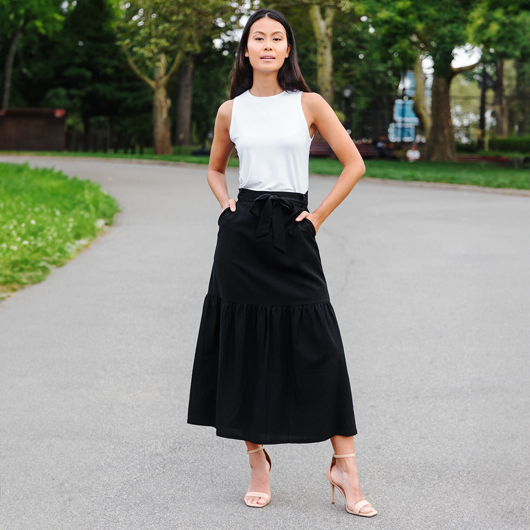 Clara Sunwoo Hot Sale - Linen Knit - Tie Waist Tiered Maxi Skirt - Black - Final Sale!