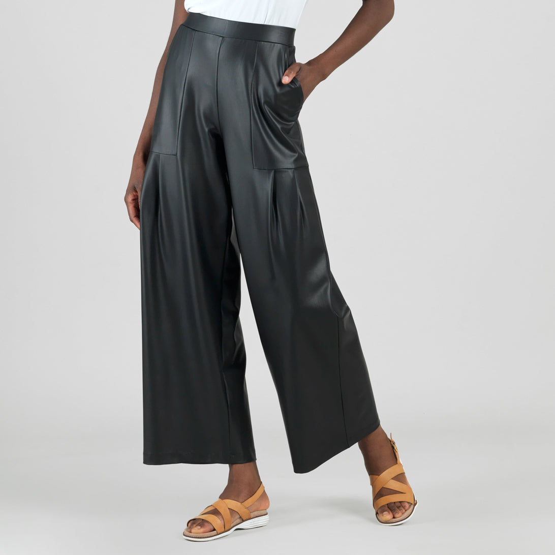 Clara Sunwoo New - Liquid Leather™ - Sheen Pleated Wide Leg Pocket Pant - Black