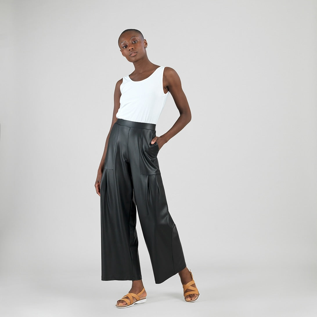 Clara Sunwoo New - Liquid Leather™ - Sheen Pleated Wide Leg Pocket Pant - Black