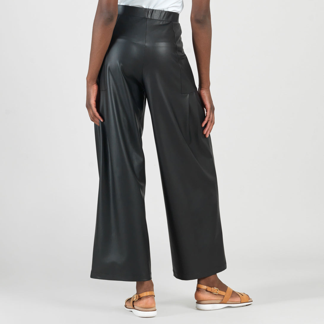 Clara Sunwoo New - Liquid Leather™ - Sheen Pleated Wide Leg Pocket Pant - Black