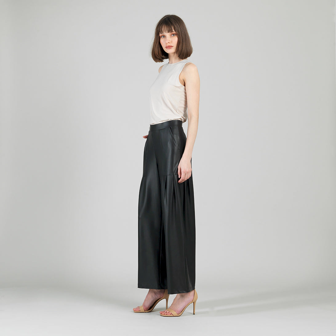 Clara Sunwoo New - Liquid Leather™ - Sheen Pleated Wide Leg Pocket Pant - Black