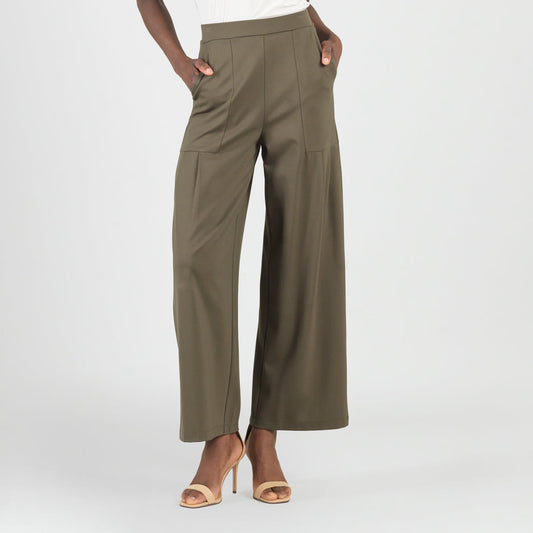 Clara Sunwoo Recommended - Rayon-Ponte Knit - Pleated Wide Leg Pocket Pant - Olive - Limited Sizes