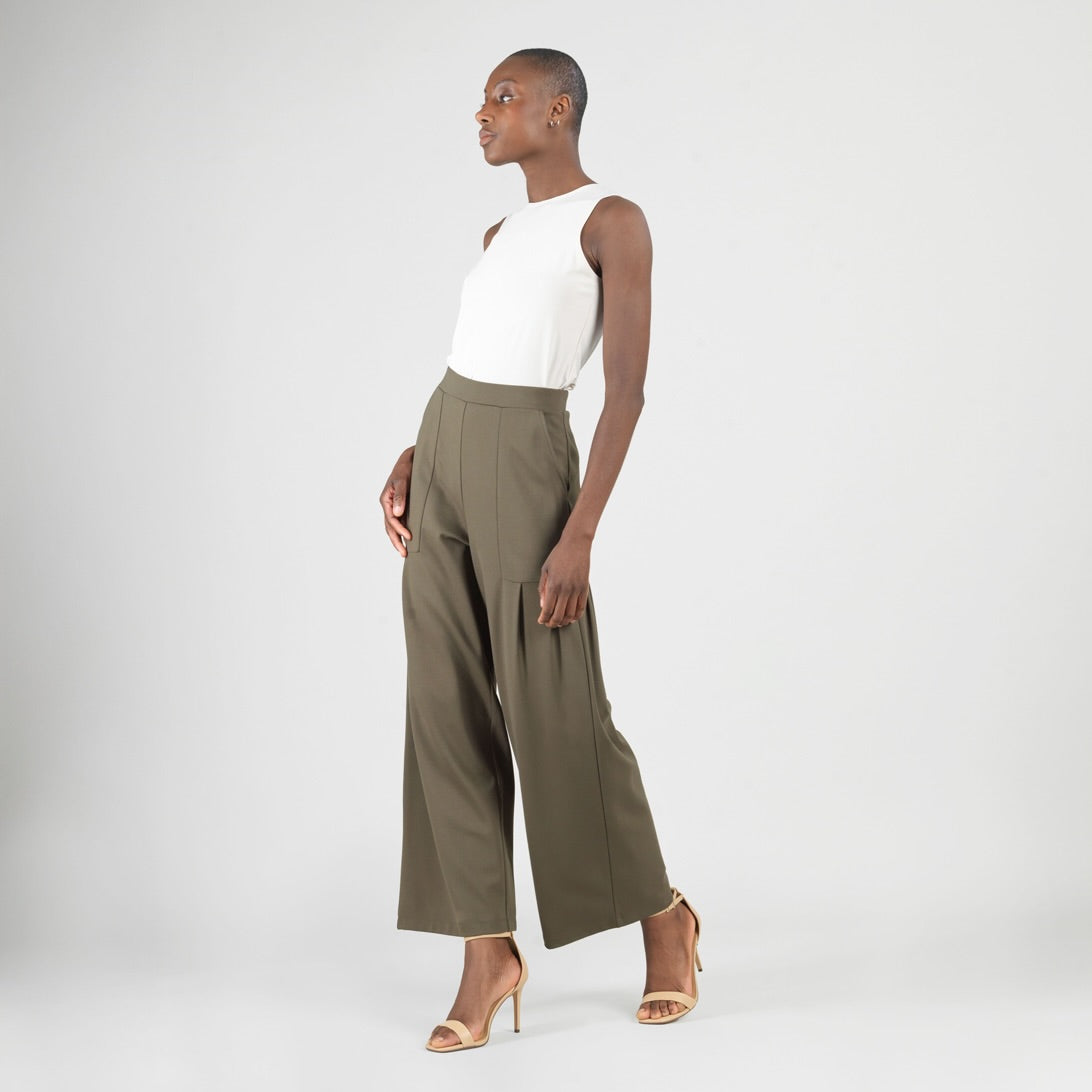 Clara Sunwoo Recommended - Rayon-Ponte Knit - Pleated Wide Leg Pocket Pant - Olive - Limited Sizes
