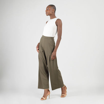 Clara Sunwoo Recommended - Rayon-Ponte Knit - Pleated Wide Leg Pocket Pant - Olive - Limited Sizes