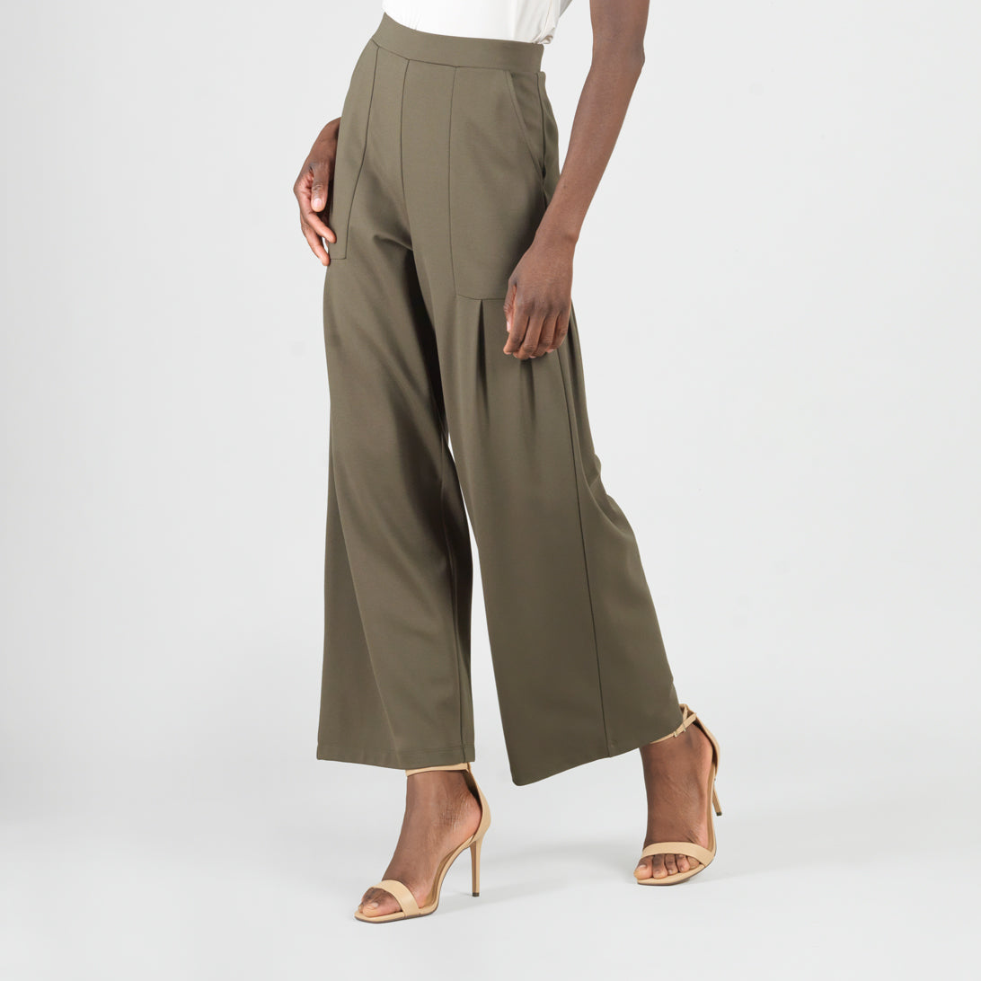 Clara Sunwoo Recommended - Rayon-Ponte Knit - Pleated Wide Leg Pocket Pant - Olive - Limited Sizes