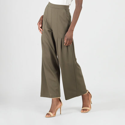 Clara Sunwoo Recommended - Rayon-Ponte Knit - Pleated Wide Leg Pocket Pant - Olive - Limited Sizes