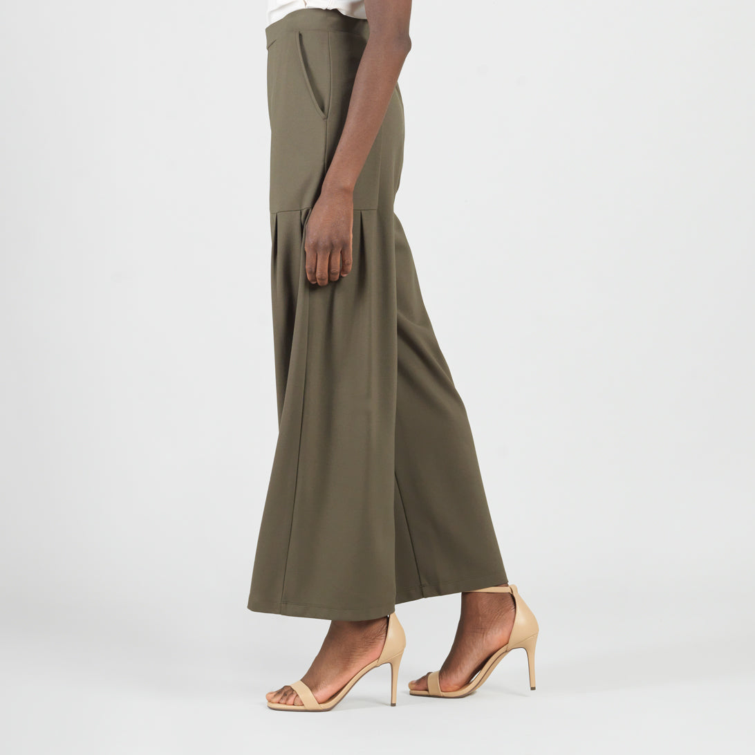 Clara Sunwoo Recommended - Rayon-Ponte Knit - Pleated Wide Leg Pocket Pant - Olive - Limited Sizes