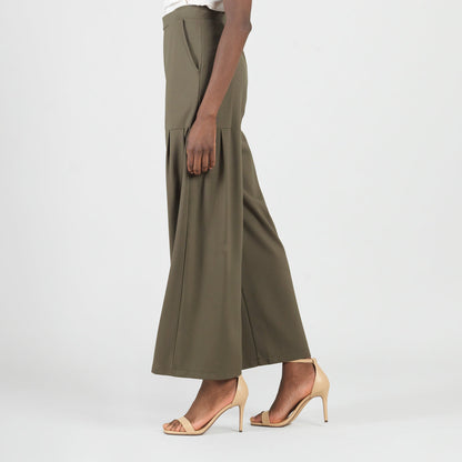 Clara Sunwoo Recommended - Rayon-Ponte Knit - Pleated Wide Leg Pocket Pant - Olive - Limited Sizes