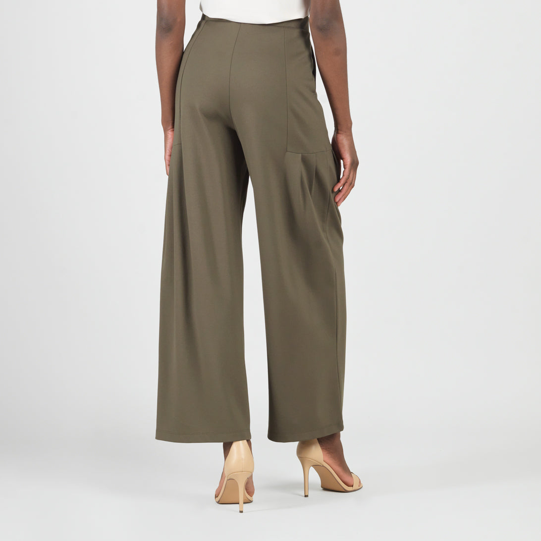 Clara Sunwoo Recommended - Rayon-Ponte Knit - Pleated Wide Leg Pocket Pant - Olive - Limited Sizes
