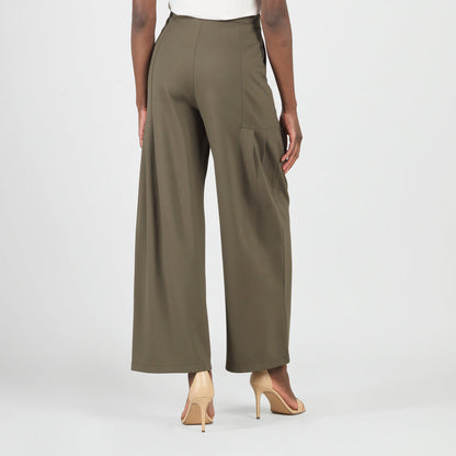 Clara Sunwoo Recommended - Rayon-Ponte Knit - Pleated Wide Leg Pocket Pant - Olive - Limited Sizes